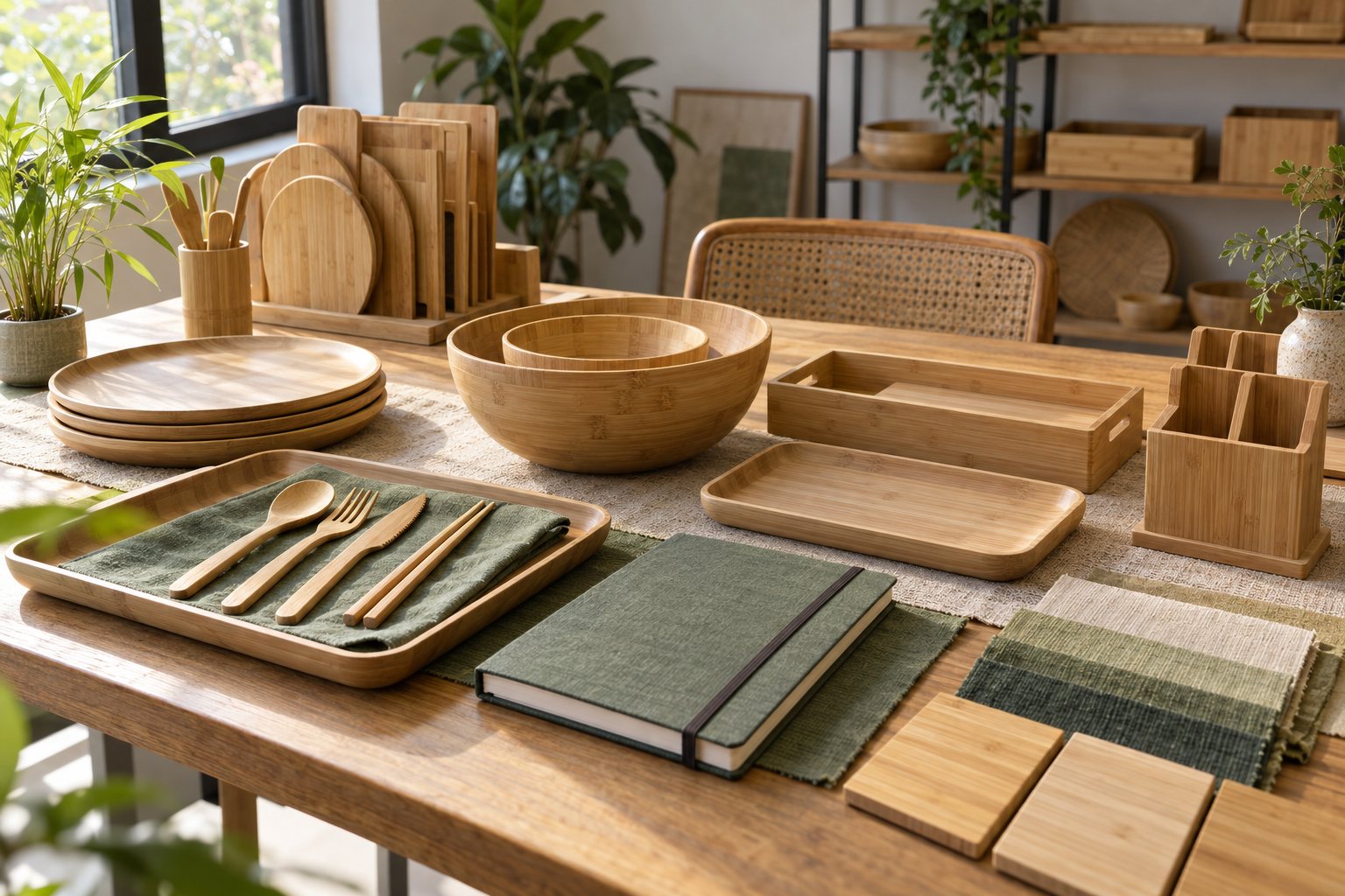 A quiet sourcing office table with bamboo samples arranged in a row and a closed notebook