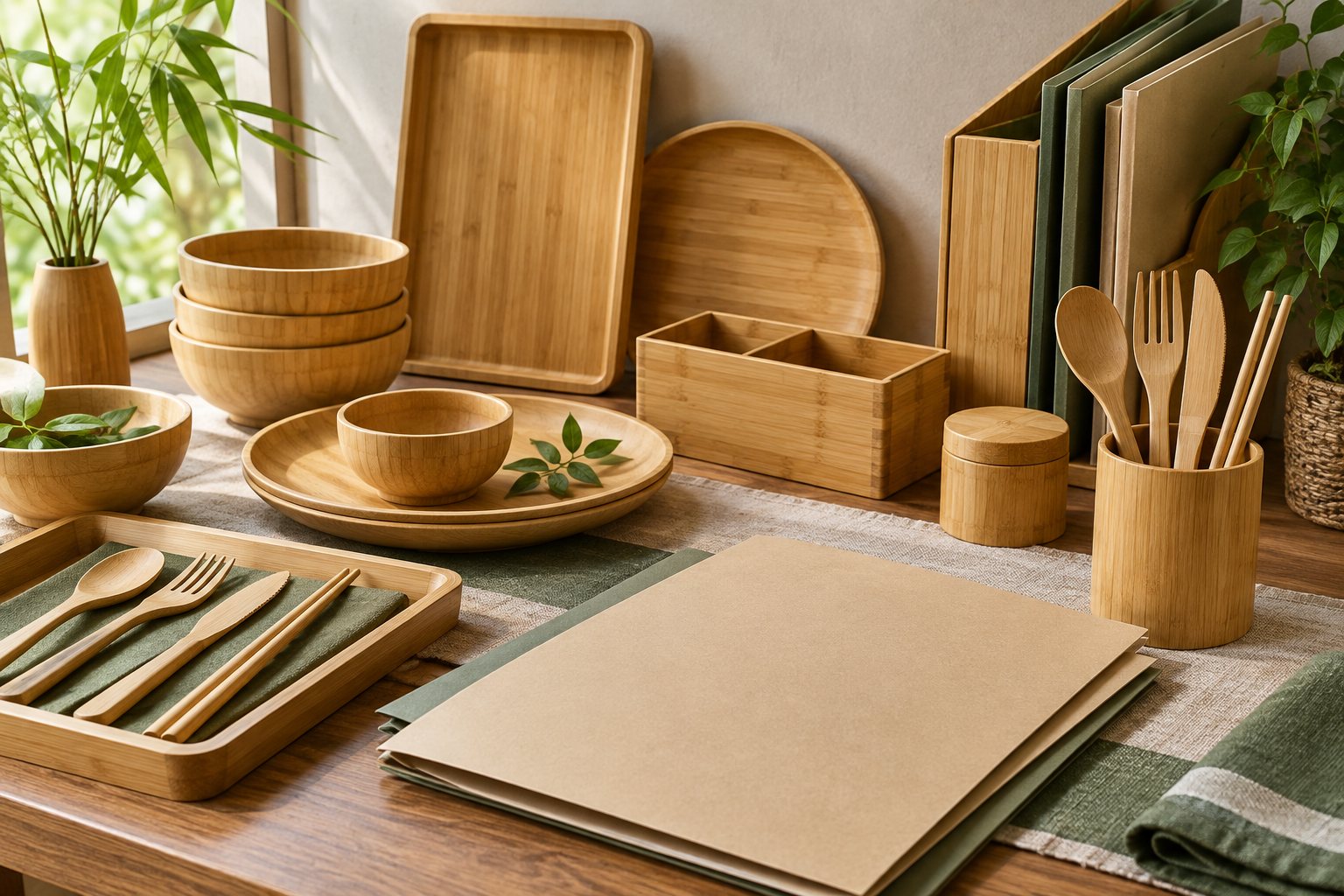Illustration: bamboo products beside blank document folders on a clean desk