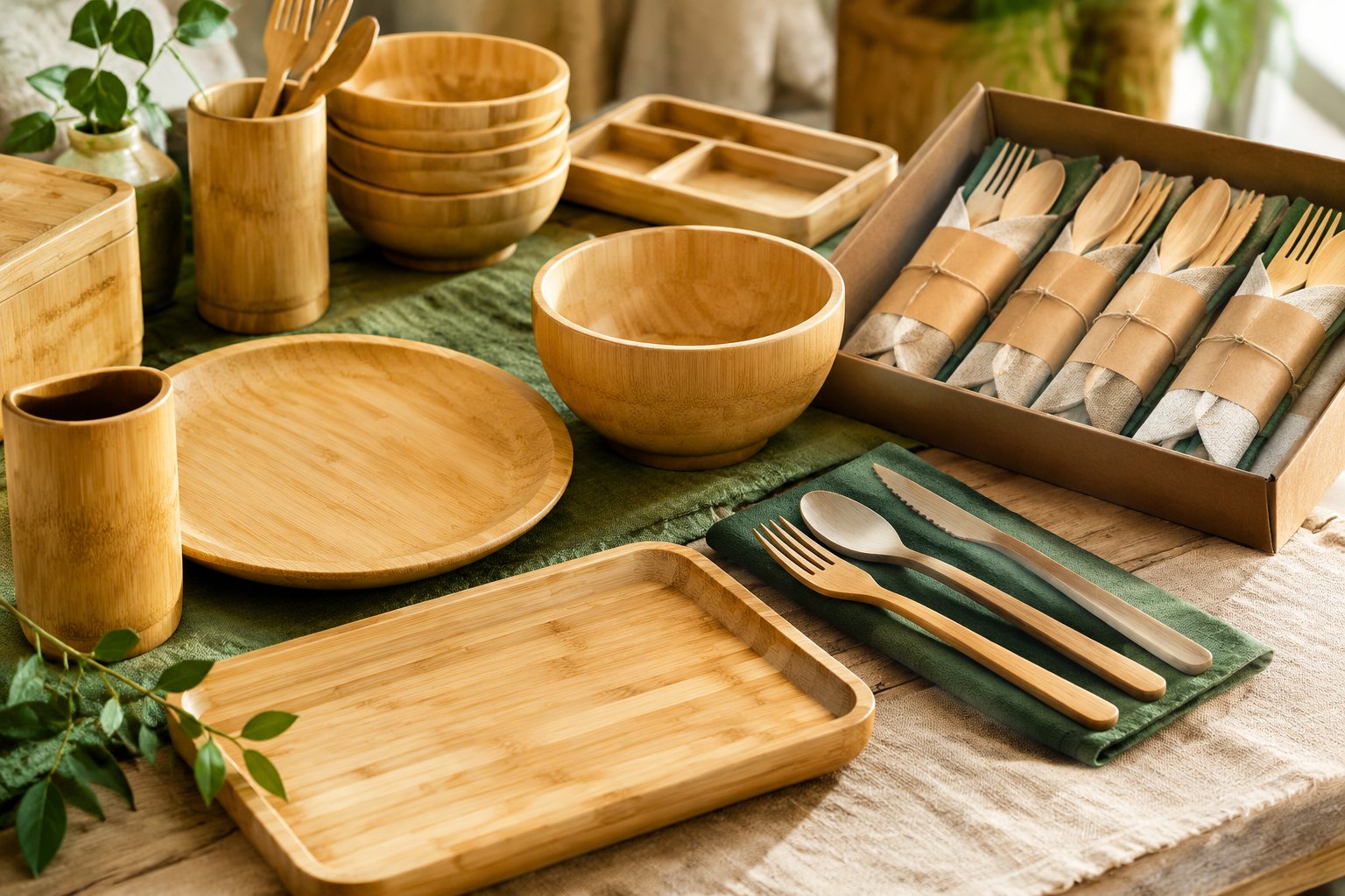 Illustration: disposable bamboo forks and spoons beside stacked case cartons on a packing bench