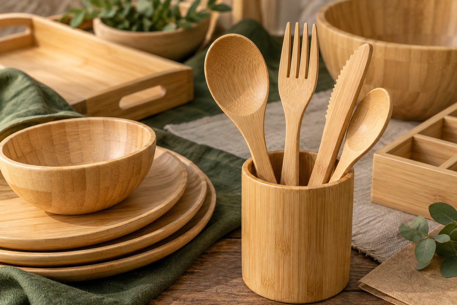 Illustration: reusable bamboo forks, knives, spoons and a spork laid out on a linen cloth beside a travel pouch