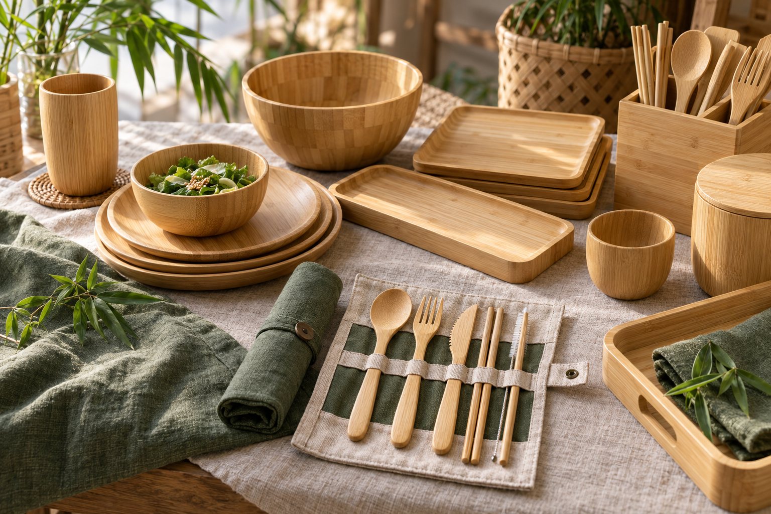 Illustration: bamboo cutlery sets in open cotton pouches and a kraft gift box on a wooden table