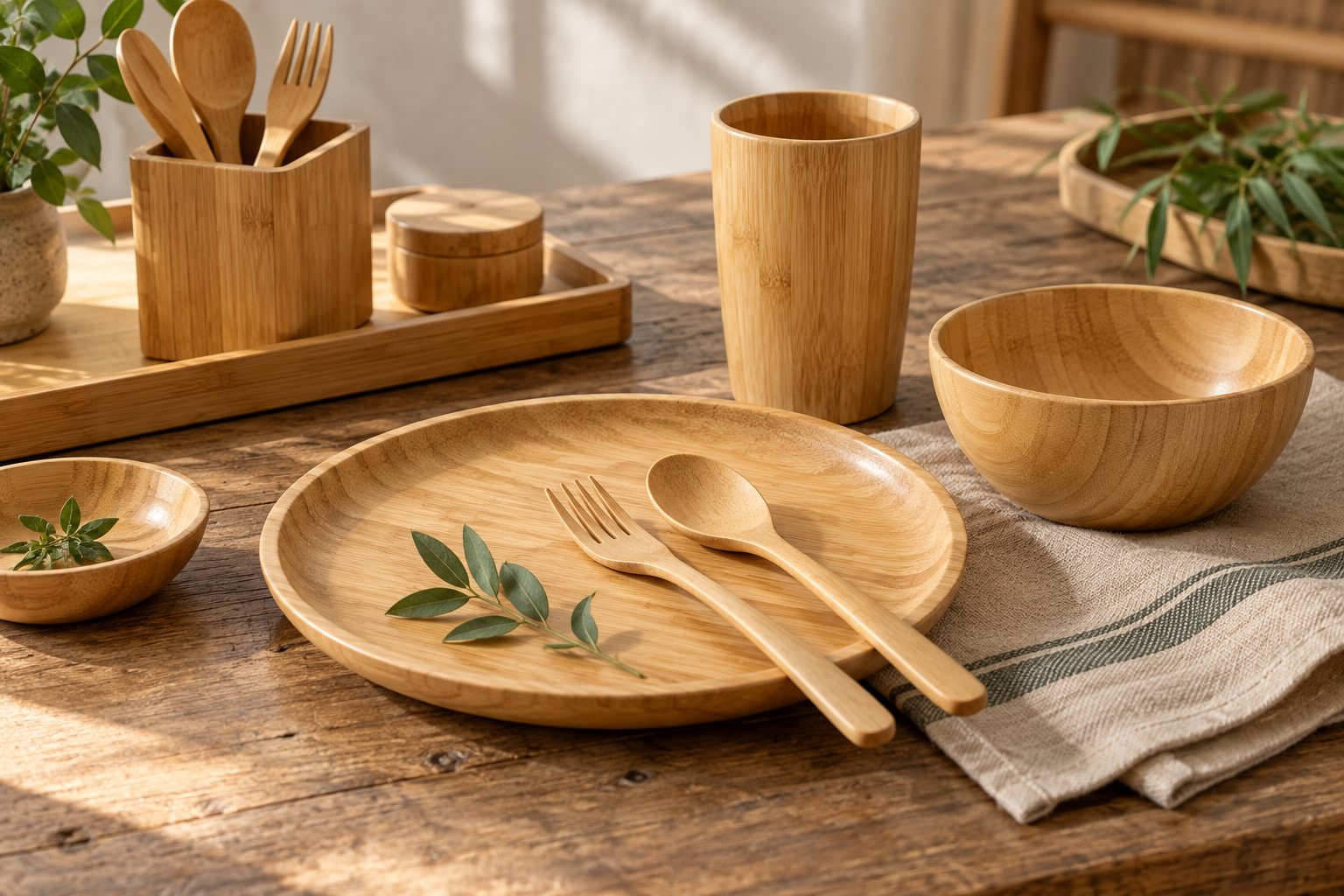 Illustration: bamboo dinner plates and bowls stacked beside a divided kids' plate on a set table
