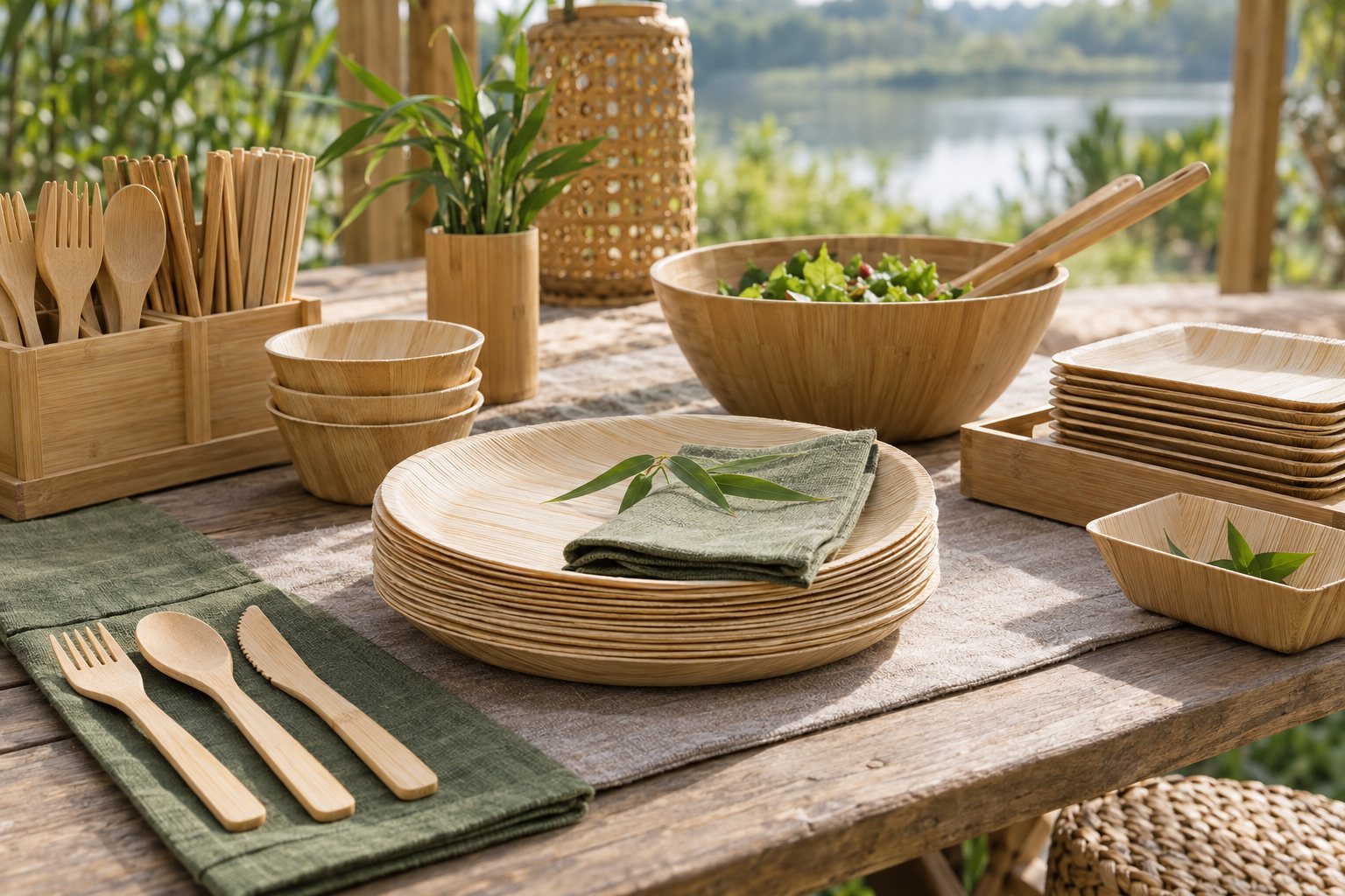 Illustration: round bamboo plates in several sizes stacked beside wrapped cutlery kits and event table settings