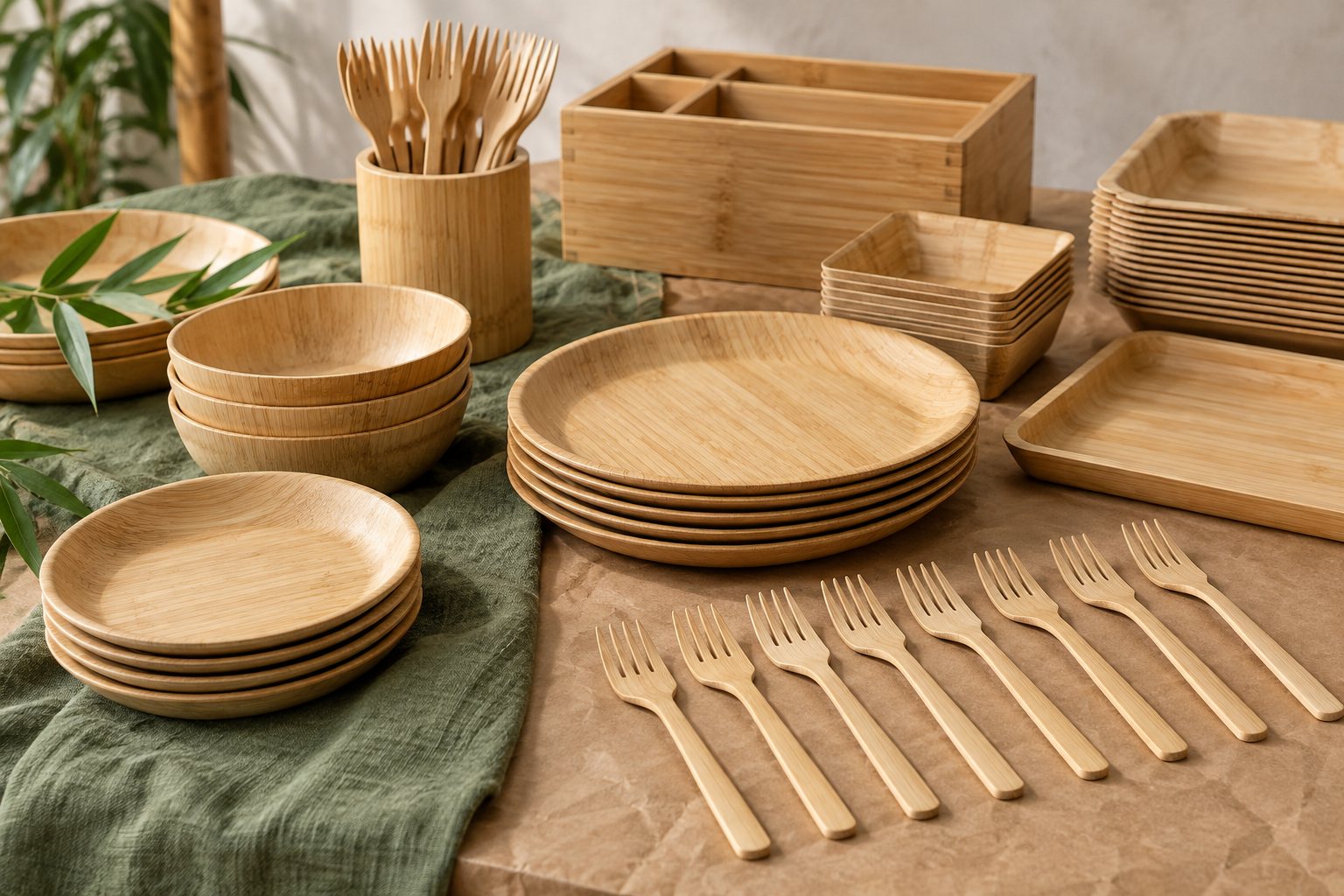 Illustration: bamboo forks, knives and spoons arranged beside wrapped cutlery kits and stacked case cartons