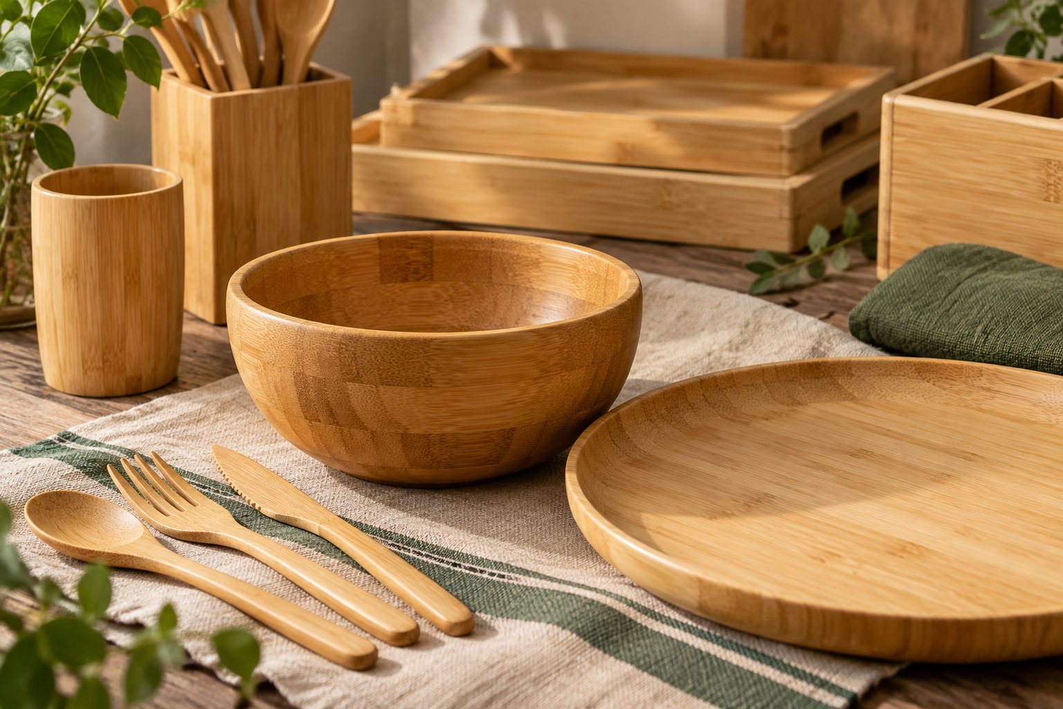Illustration: laminated bamboo plates and a cutlery set with pouch beside finish samples on a workshop table