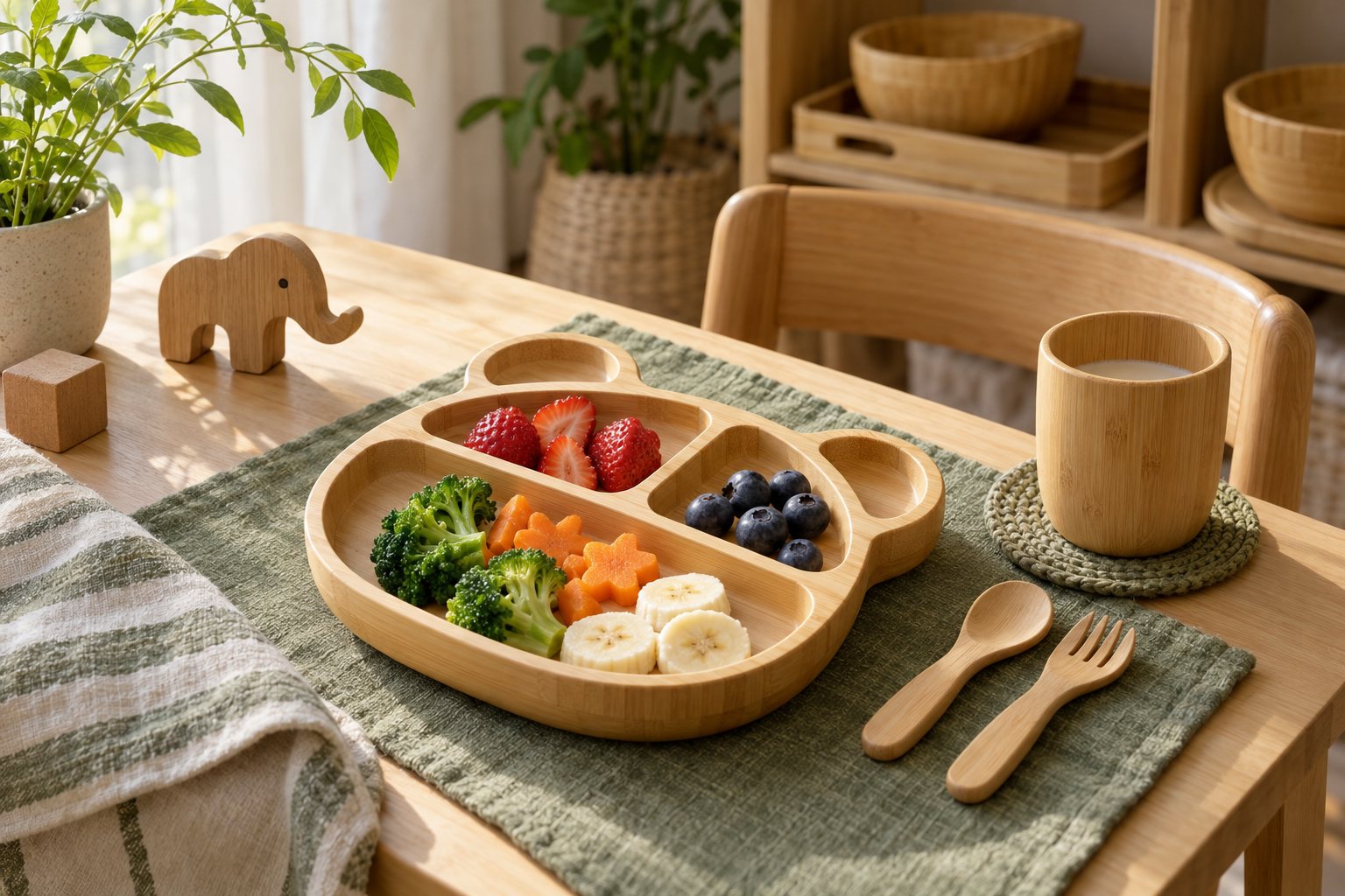 Illustration: divided bamboo plates and small bowls with child-sized spoons arranged on a bright kitchen counter