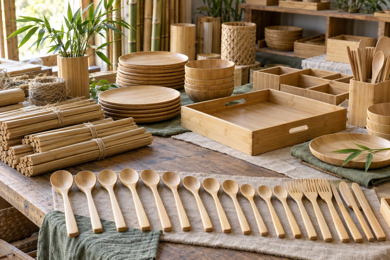 Illustration: a planning calendar and stacked cartons beside sample cutlery on a desk