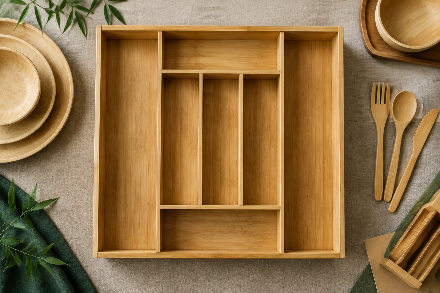 Illustration: a bamboo cutlery drawer tray with compartments beside a countertop utensil crock on a kitchen counter