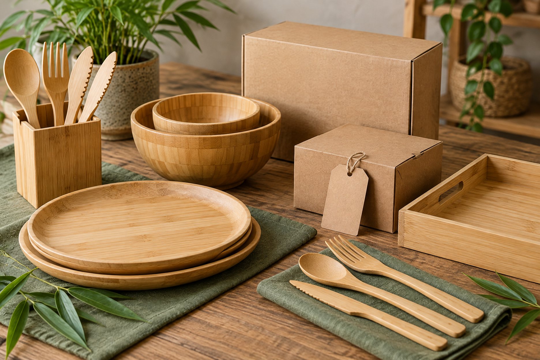 Illustration: laser-engraved bamboo boards beside printed sleeves and hang tag mockups on a design table