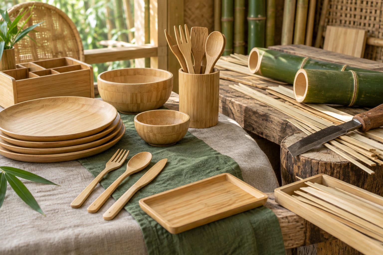 Illustration: bamboo strips, shaped cutlery blanks and finishing oil arranged along a workbench