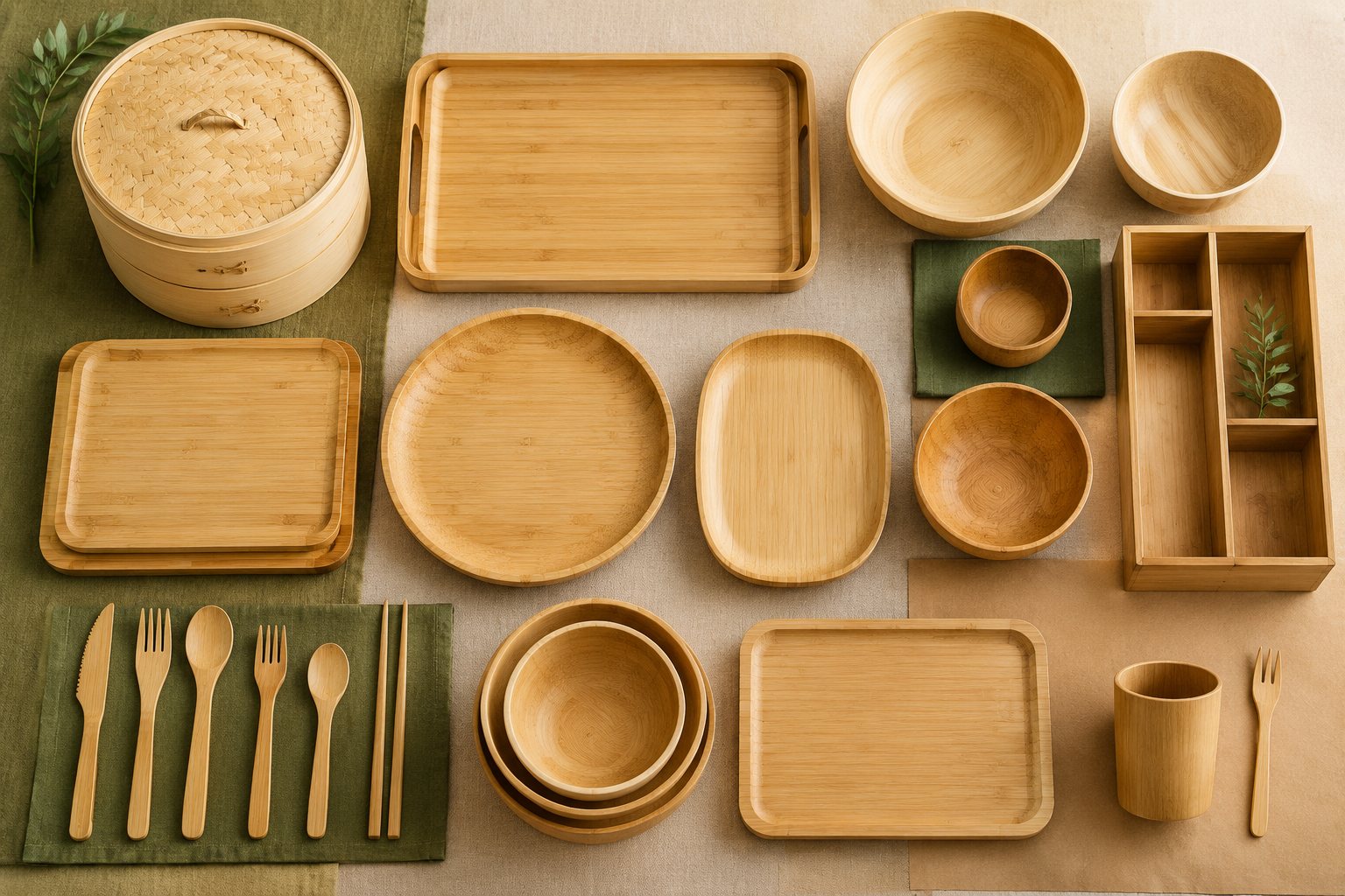 Illustration: bamboo cutlery, plates and boards arranged beside program folders on a neutral desk