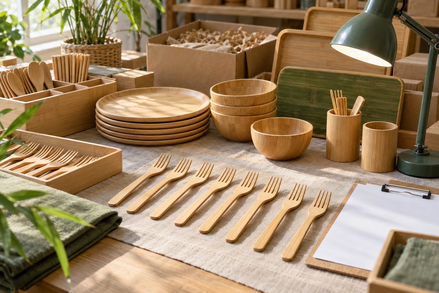 Illustration: an inspector's hands checking bamboo cutlery smoothness beside a checklist and calipers