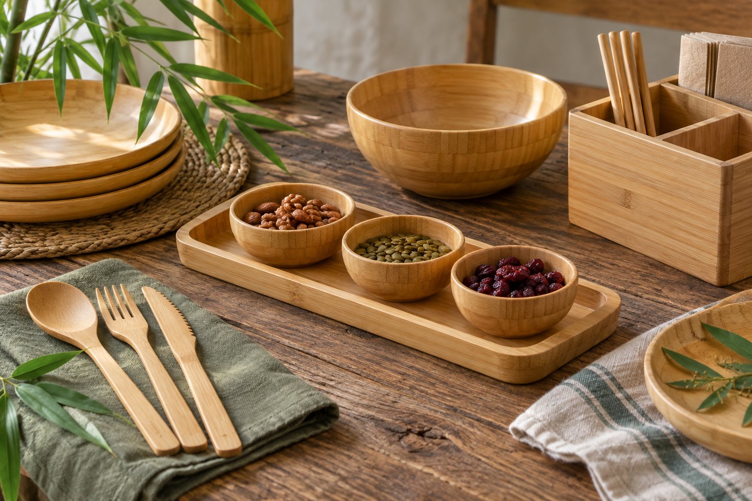 Illustration: bamboo serving trays, a platter and a serving board arranged with bread and fruit on a counter