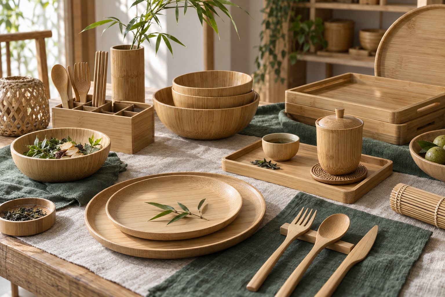 Illustration: a bamboo tableware collection with plates, bowls, coasters, trivets and a steamer on a neutral table