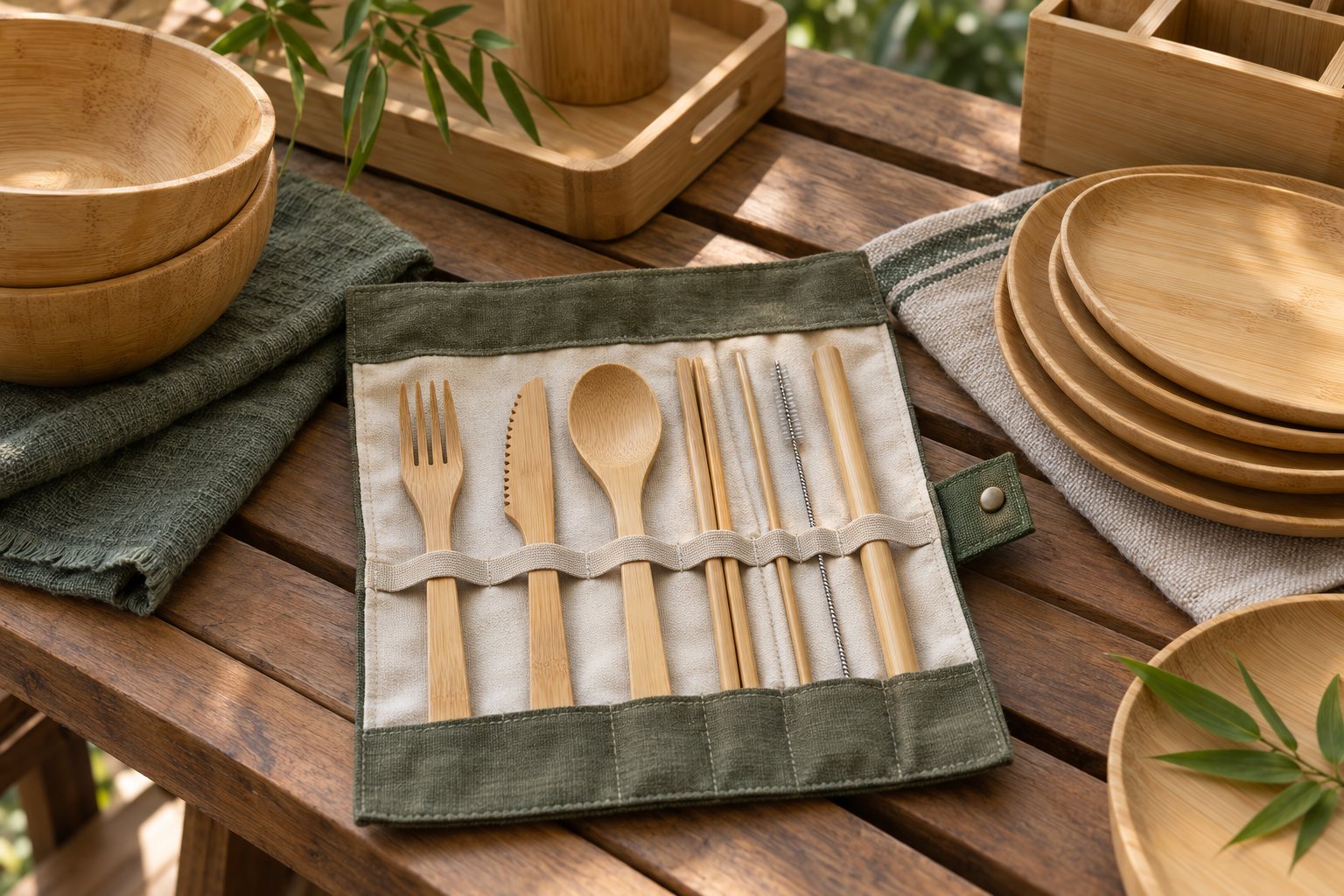 Illustration: bamboo fork, knife and spoon beside a rolled cotton pouch and a hard carry case on a wooden table