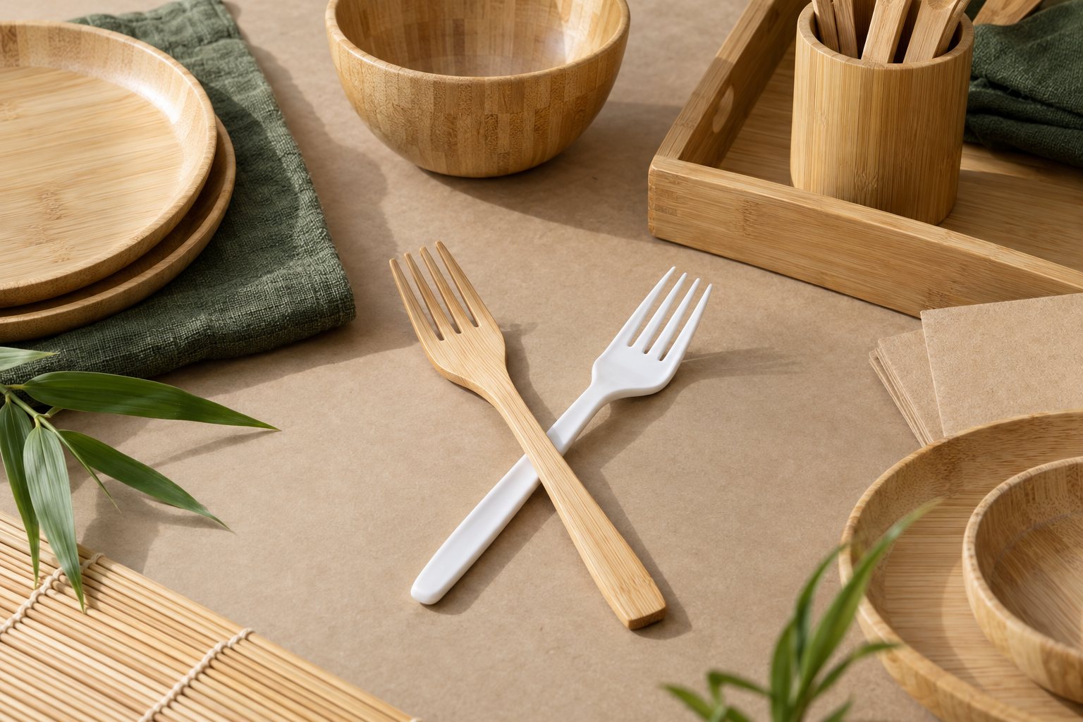 Illustration: a bamboo fork and a white plastic fork side by side on a neutral background with note cards