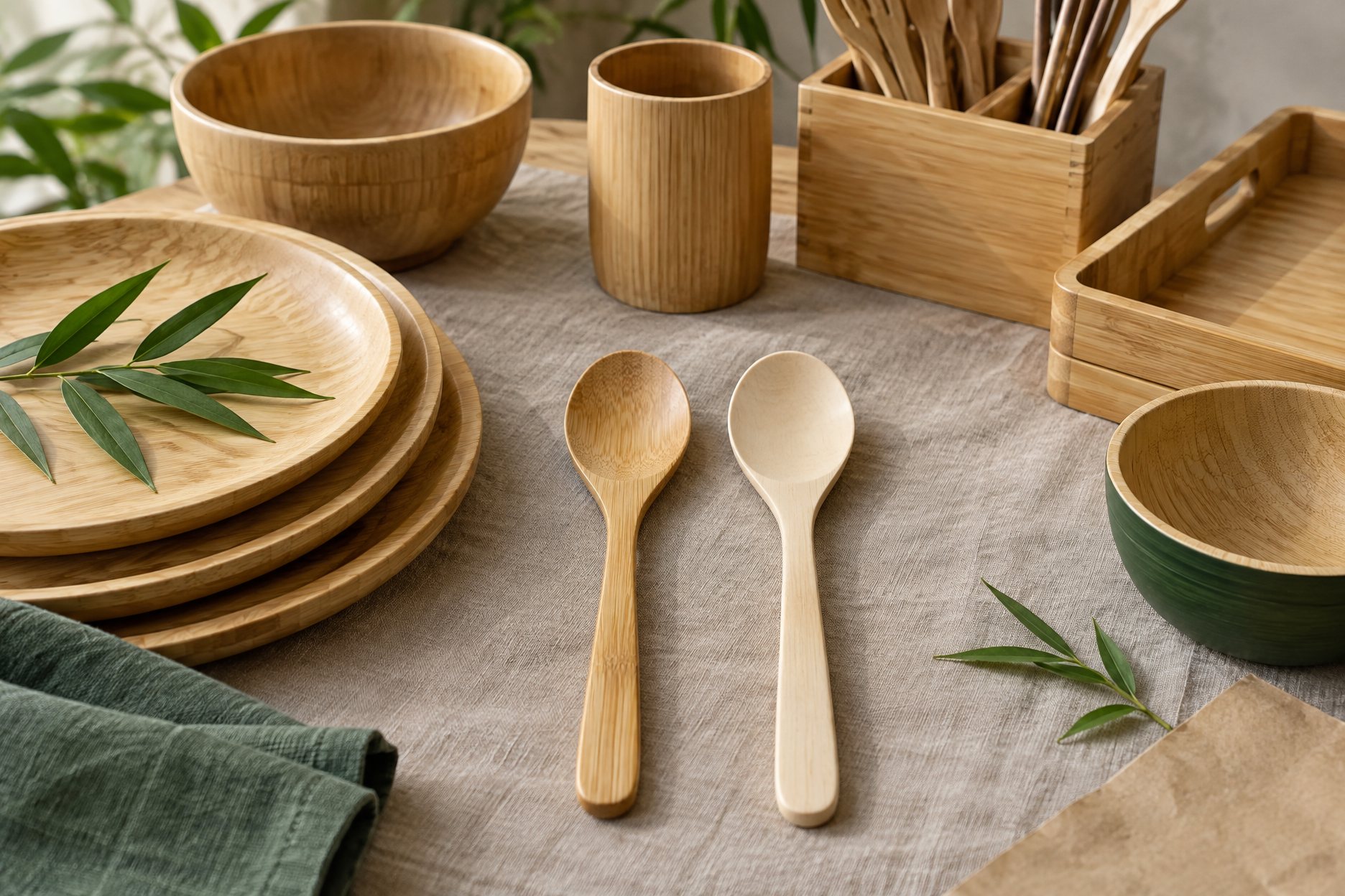 Illustration: a honey-toned bamboo spoon and a pale birchwood spoon crossed on a neutral linen surface