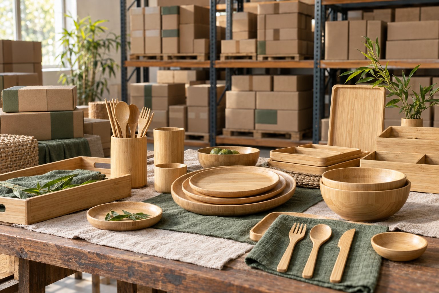 Illustration: stacked cartons and case packs of bamboo tableware beside a packing list on a warehouse table